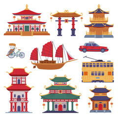 Canvas Print - Chinese Transport and Building with Rickshaw and Pagoda Vector Set