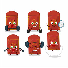 Poster - A healthy red packets chinese cartoon style trying some tools on Fitness center