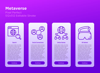 Wall Mural - Metaverse thin line icons set: search, social connections, VR helmet, online games. Pixel perfect, editable stroke. Vector illustration.