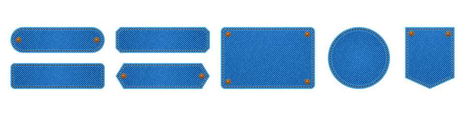 denim cloth patches, labels with blue jean fabric texture. vector illustration of fashion tags from 