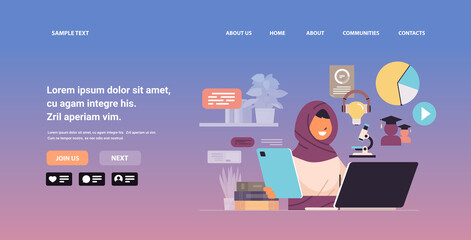Poster - arab businesswoman sitting at workplace arabic business woman using laptop social media network