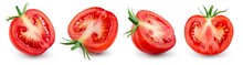 Tomato Half Isolated. Cut Tomato On White Background. Tomato Slices With Clipping Path.