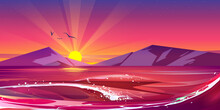 Sunset In Ocean Or Sea With Splashing Waves, Scenery Nature Landscape With Flying Gulls In Purple Sky With Stars And Sun Go Down The Mountain Peaks Over Stormy Water Surface, Cartoon Vector Background