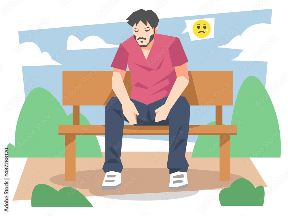 illustration of a man sitting on a park bench. with a sad expression. cloud background, grass. suitable for themes of loneliness, failure, regret, problem, etc. flat vector