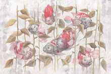 Watercolor Fish On Grey Concrete Grunge Wall. Great Choise For Wallpaper, Photo Wallpaper, Mural, Card, Postcard. Design For Modern And Loft Interiors.