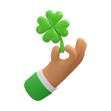 3d Icon Hand Holding Clover Leaf. Business Arm With Green Shamrock, Luck And Success Symbol. Vector Cartoon Realistic Render Illustration Isolated. St. Patrick Icon