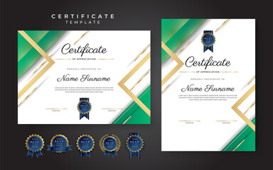 Wall Mural - Blue and green certificate of achievement border template with luxury badge and modern line pattern. For award, business, and education needs