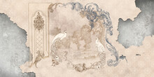 Wall Mural, Wallpaper, In The Style Of Classic, Baroque, Modern, Rococo. Wall Mural With Peacocks And Patterned Background. Light, Delicate Photo Wallpaper Design.