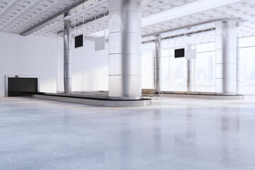 Poster - Bright airport waiting area concrete hallway interior with windows and city view, seats and columns. 3D Rendering.