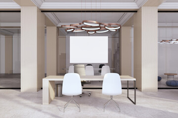 Aufkleber - Modern classical concrete and wooden office room interior with empty white mock up poster on glass wall, furniture and equipment. 3D Rendering.