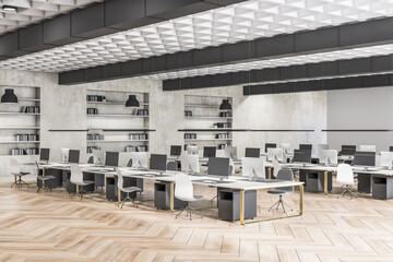 Poster - Gray concrete and wooden coworking office interior with multiple workplaces and bookcase shelves with books and folders. Commercial and work concept. 3D Rendering.