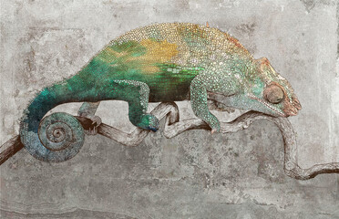 Wall Mural - Drawn chameleon on concrete grunge wall. Great choise for wall, wallpaper, photo wallpaper, fresco, mural, card, postcard, home decor. Design for modern and loft interiors.