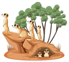 Wall Mural - Isolated nature scene with meerkat family