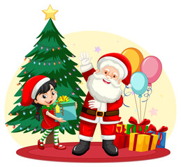 Wall Mural - Santa Claus and a girl holding gift box in cartoon style