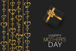 Mothers Day banner. Golden hearts and garland, gift boxes on black background. Vector illustration.