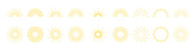 Sunburst Lines. Yellow Brush Sunburst Circles And Half Circles. Sparks And Rays Of Stars And Burst Sun. Retro Elements Of Sunshine. Icons Of Sunset Or Sunrise. Vector