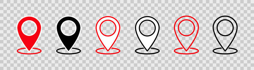 Poster - Map pin. Outline map pin position symbol with circle place isolated transparent background. Icons of gps points. Web pointer of destinations. Sign for road travel. Vector