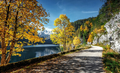 Fototapete - Incredible morning view of Alpine lake with hiking road and colorful trees. Bright autumn scene of nature. Amazing sunny mountain landscape.