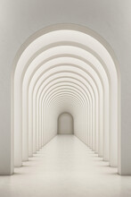 White Concrete Walkway Arch Arranged In A Long Line With Light Shining From Above And On The Side. Concepts Of History Construction Temples And Museums. 3D Illustration.