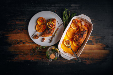 roasted fried turkey duck thighs, rubbed with spices and salt, on a baking sheet, with oranges, lemons, garlic, rosemary, thyme and olive oil. the concept of a healthy and tasty dinner for two.