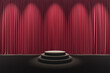 Black stage podium with cylinder form. theater musical red curtains show spotlight scene. display showtime festival party. platform space for placing products fashion and cosmetics. 3D Illustration.