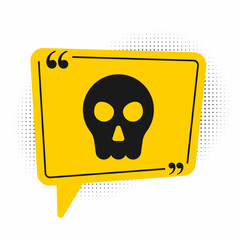 Poster - Black Skull icon isolated on white background. Happy Halloween party. Yellow speech bubble symbol. Vector