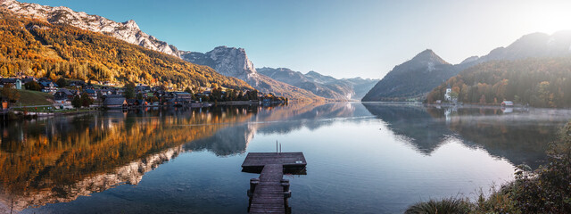 Fototapete - Impressively beautiful Fairy-tale mountain lake in Austrian Alps. colorful Scenery. Panoramic view of beautiful mountain landscape in Alps with Grundlsee lake, concept of an ideal resting place.