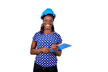 Wall Mural - young female construction engineer smiling at clipboard.