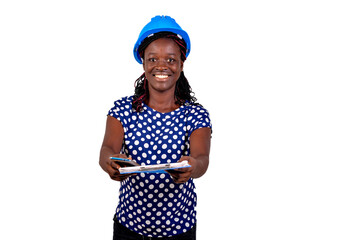 Wall Mural - young female engineer giving a clipboard smiling.