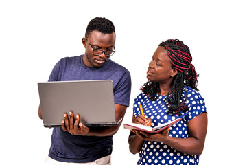 Wall Mural - young businessman and his secretary working together while smiling.