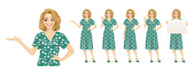 Beautiful Woman Character In Green Dress Set With Flower Print. Various Gestures - Pointing, Showing Ok Sign, Standing, Holding Empty Blank Board Isolated Vector Illustration