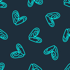 Green line Mussel icon isolated seamless pattern on blue background. Fresh delicious seafood. Vector