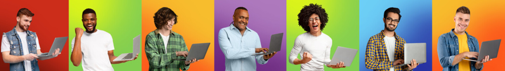 Poster - Online Purchases. Excited Multiethnic Men With Laptops Posing Over Colorful Backgrounds