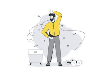 Poster - Sport at home flat line concept. Man does morning training and stretches his body, performs exercises and takes care of his health.Vector illustration with outline people scene for web banner design