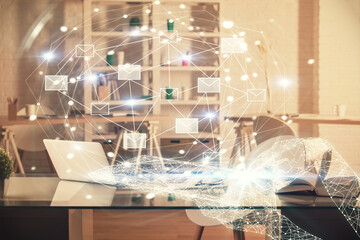 Aufkleber - Multi exposure of envelops drawings and office interior background. E-mail concept.