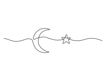 One continuous single line of moon and star isolated on white background.