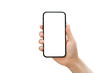 © tawatchai1990 - Male hand holding smartphone with blank screen isolated on white background.