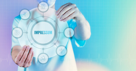 Impressum (Website Arztpraxis). Medizin in der Zukunft. Arzt hält virtuelles Interface mit Text und Icons im Kreis.