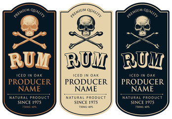 Wall Mural - set of three vector labels for rum in a figured frames with human skulls and crossbones in retro sty