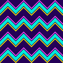 Colorful Chevron Seamless Repeat Pattern. Zig Zag, Spiky Wavy Lines In 90s Neon Colors. Dark Blue Background. Backdrop Texture For Posters, Cards, Scrapbooking, Fabric, Wrapping Paper.