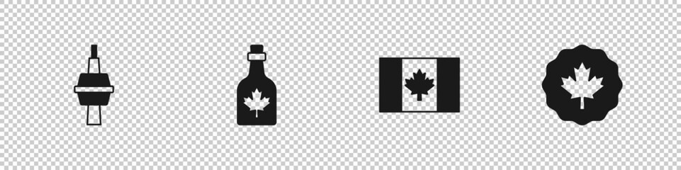 Wall Mural - Set TV CN Tower in Toronto, Bottle of maple syrup, Flag Canada and Canadian leaf icon. Vector