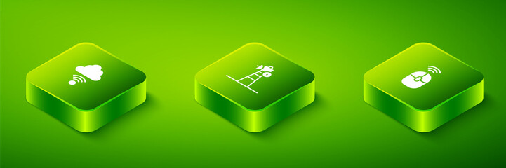 Poster - Set Isometric Satellite dish, Wireless computer mouse and Network cloud connection icon. Vector