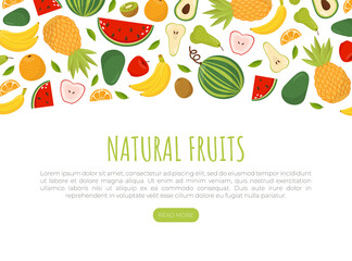 Poster - Natural fruits landing page template. Fresh products assortment of fruit shop, online store website, homepage design vector illustration