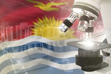 Wall Mural - Kiribati science development digital background - microscope on flag. Research of genetics design concept, 3D illustration of object