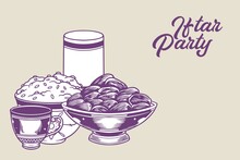 Hand Drawn Of Iftar Party Ramadan Kareem Elements As Islamic Ornaments With Traditional Arabic Dishes Isolated On Light Purple Background.