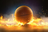 Fototapeta  - Basketball on wooden floor in between fire