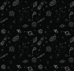 Wall Mural - seamless pattern with space: stars, rockets, planets; vector illustration
