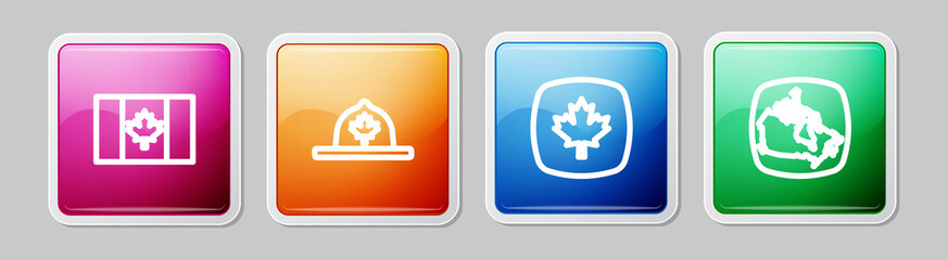 Poster - Set line Flag of Canada, Canadian ranger hat, maple leaf and . Colorful square button. Vector