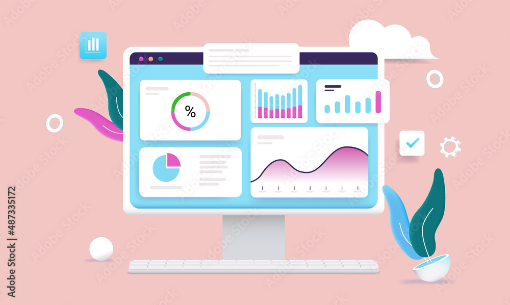 Computer with data dashboard on screen - Desktop monitor with ...