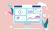 © Knut - Computer with data dashboard on screen - Desktop monitor with infographics, charts and graphs on cartoon vector illustration